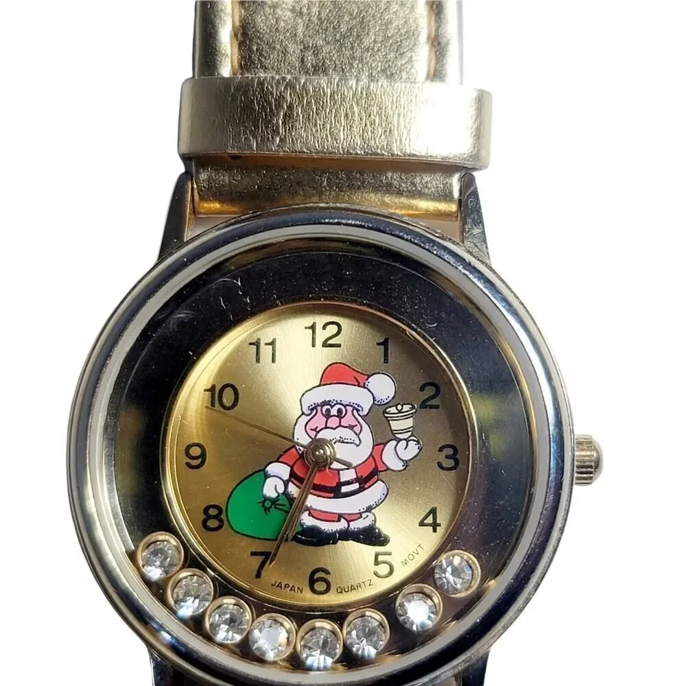 Santa Claus Christmas Holiday Watch Wristwatch Gold Band Moving Rhinestone WORKS
